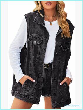 Sleeveless Button Denim Vest Mid Length Vintage Distressed